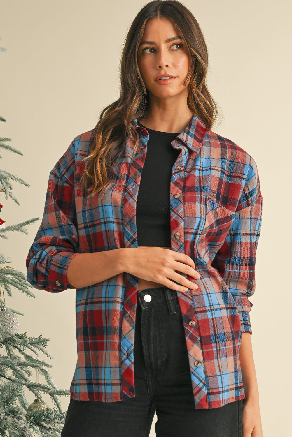 Red Plaid Print Long Sleeved Loose Cotton Collar Shirt Shewin