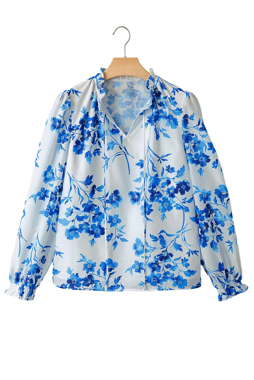 Blue Floral Long Sleeve Lace-up V Neck Blouse Shewin