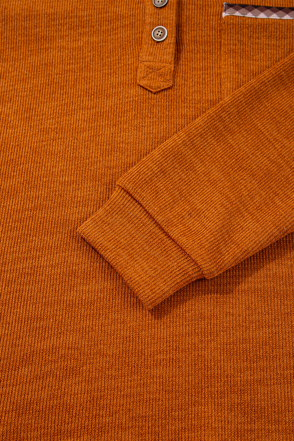 Straw Yellow Contrast Plaid Hooded Patchwork Pocket Henley Top Shewin