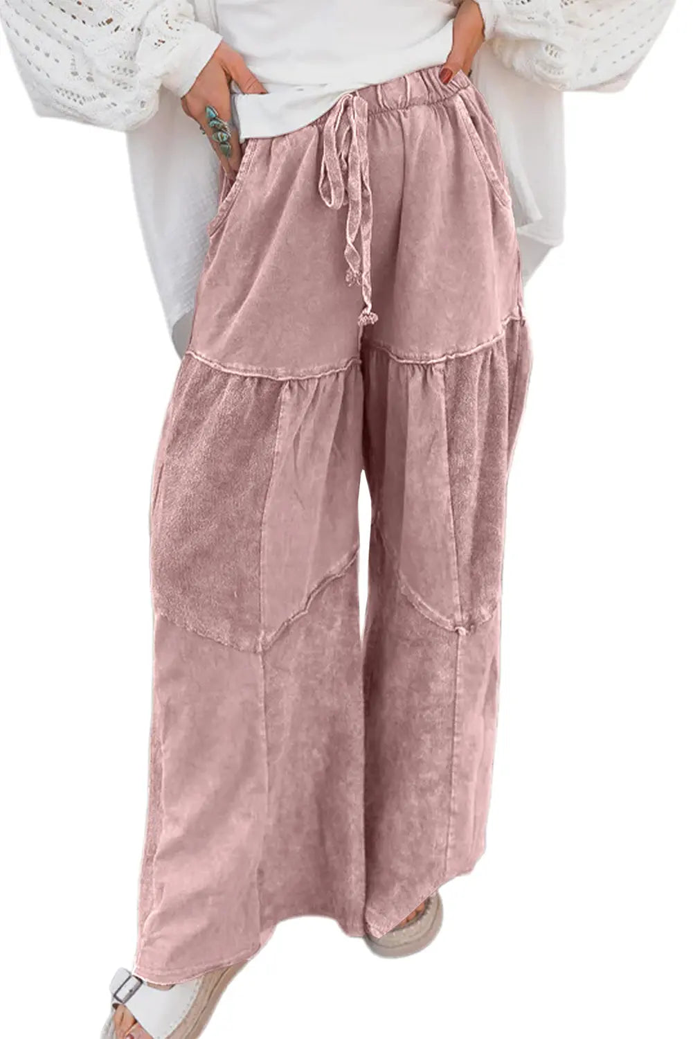 Mineral Wash Tiered Wide Leg Patchwork Drawstring Pants Shewin
