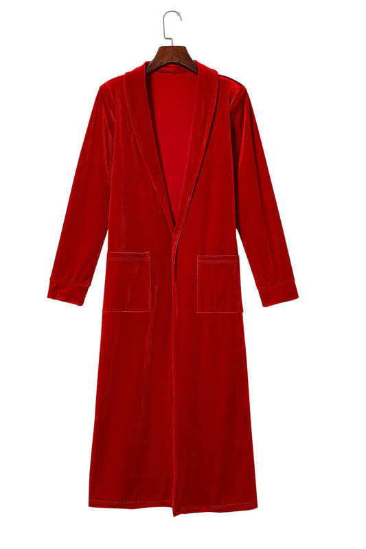 Red Velvet Elegant Open Front Pocket Long Cardigan Shewin