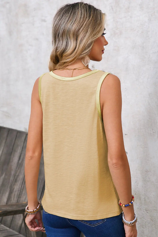 Tan Contrast Trim Round Neck Tank Top Shewin