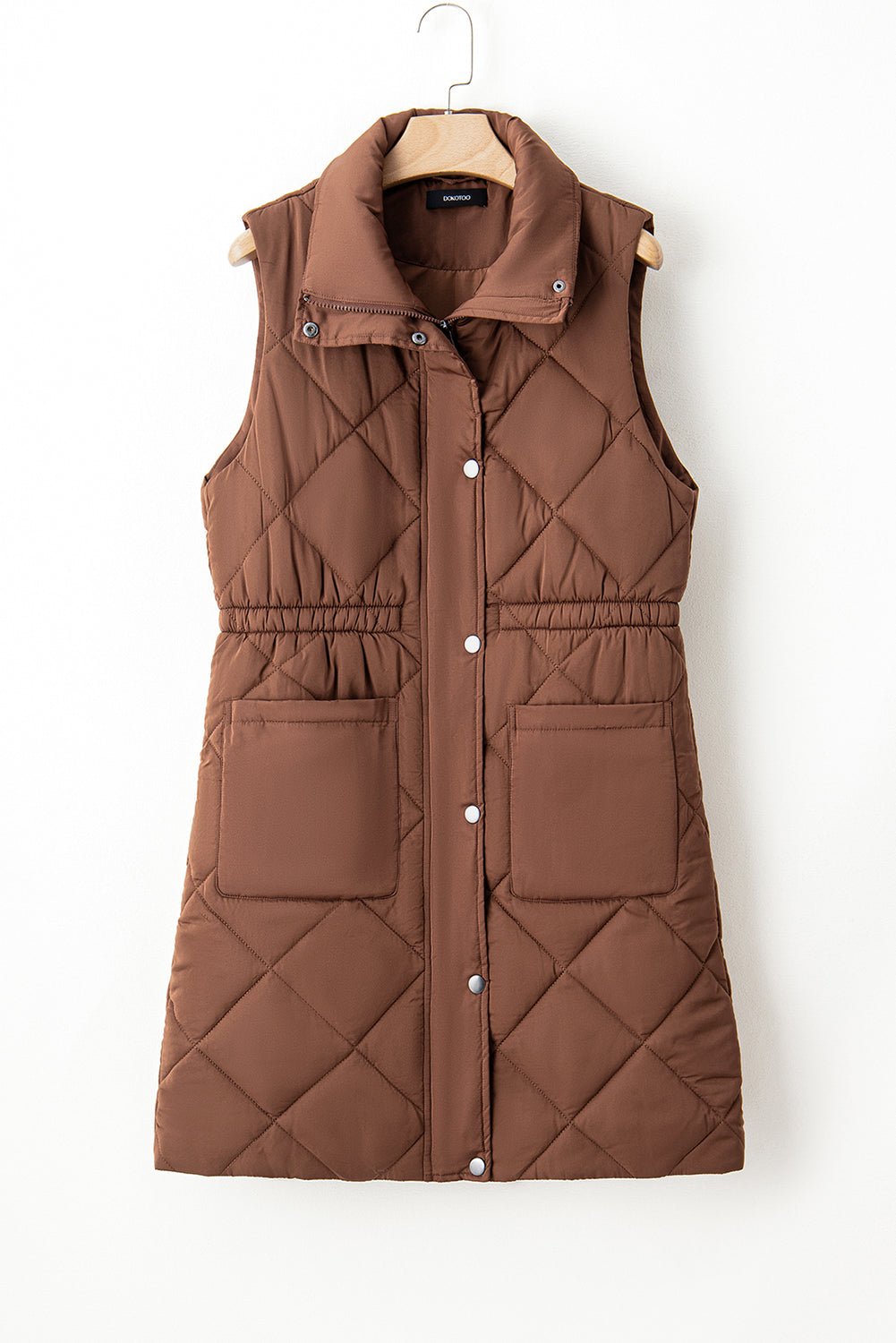 Coffee Puffer Quilted Stand Collar Pocketed Vest Coat Shewin