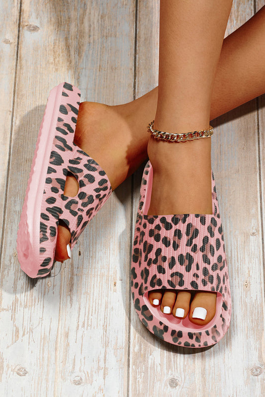Pink Leopard Thick Sole Flat Slides Shoes Shewin