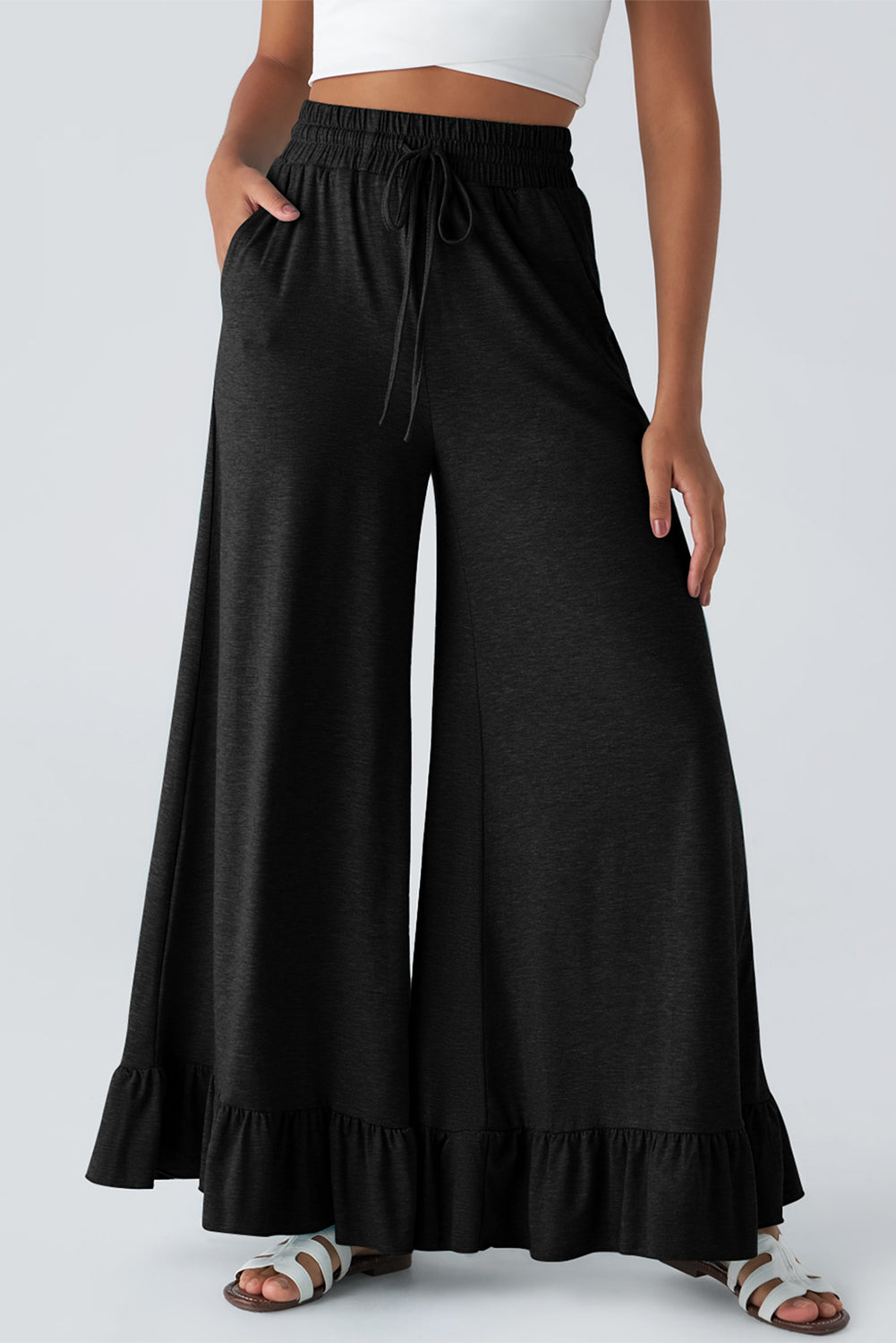 Dune Solid Color Ruffle Hem Wide Leg Pants Shewin