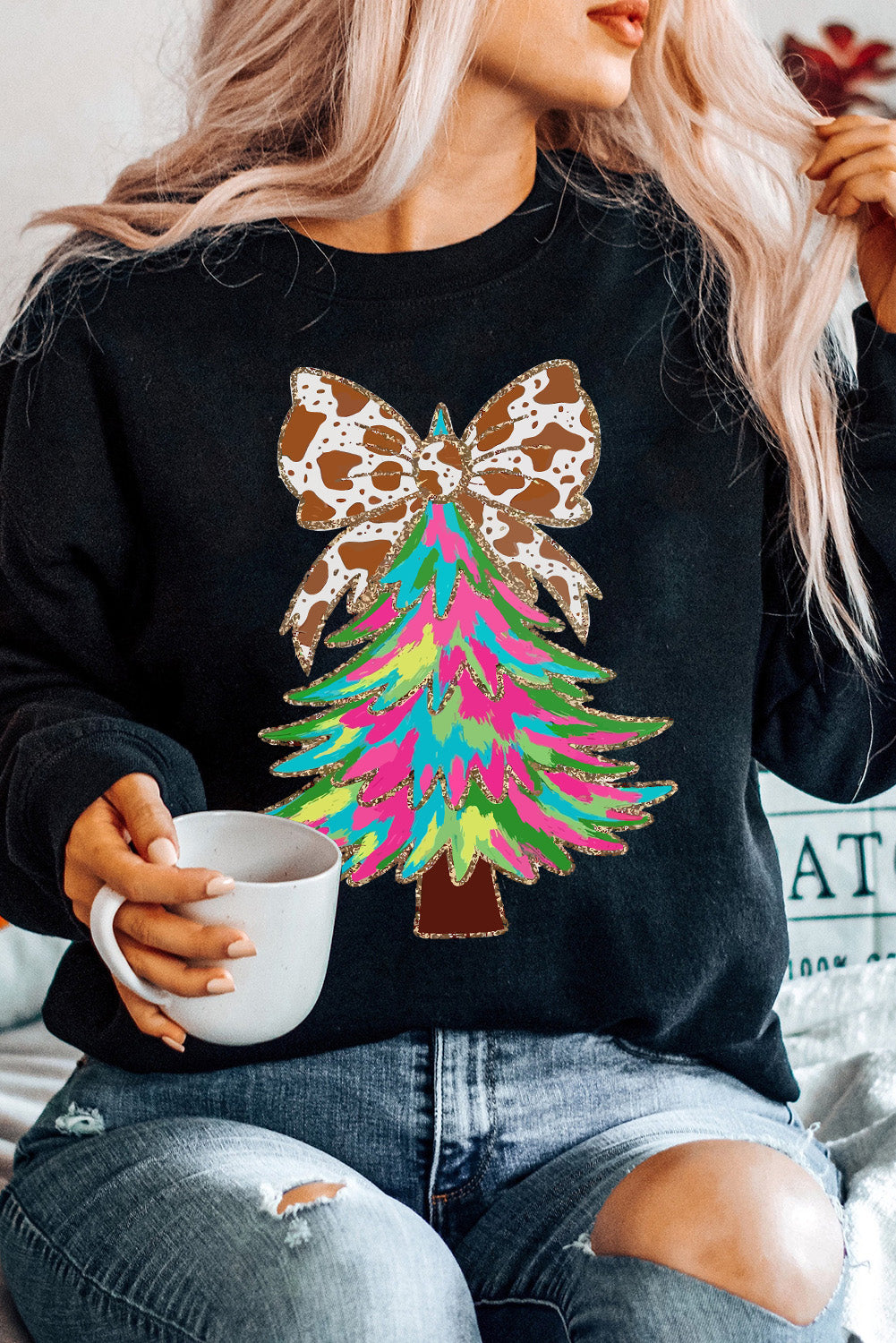 Black Shiny Bowknot Christmas Tree Graphic Heat Transfer Printing Round Neck Sweatshirt