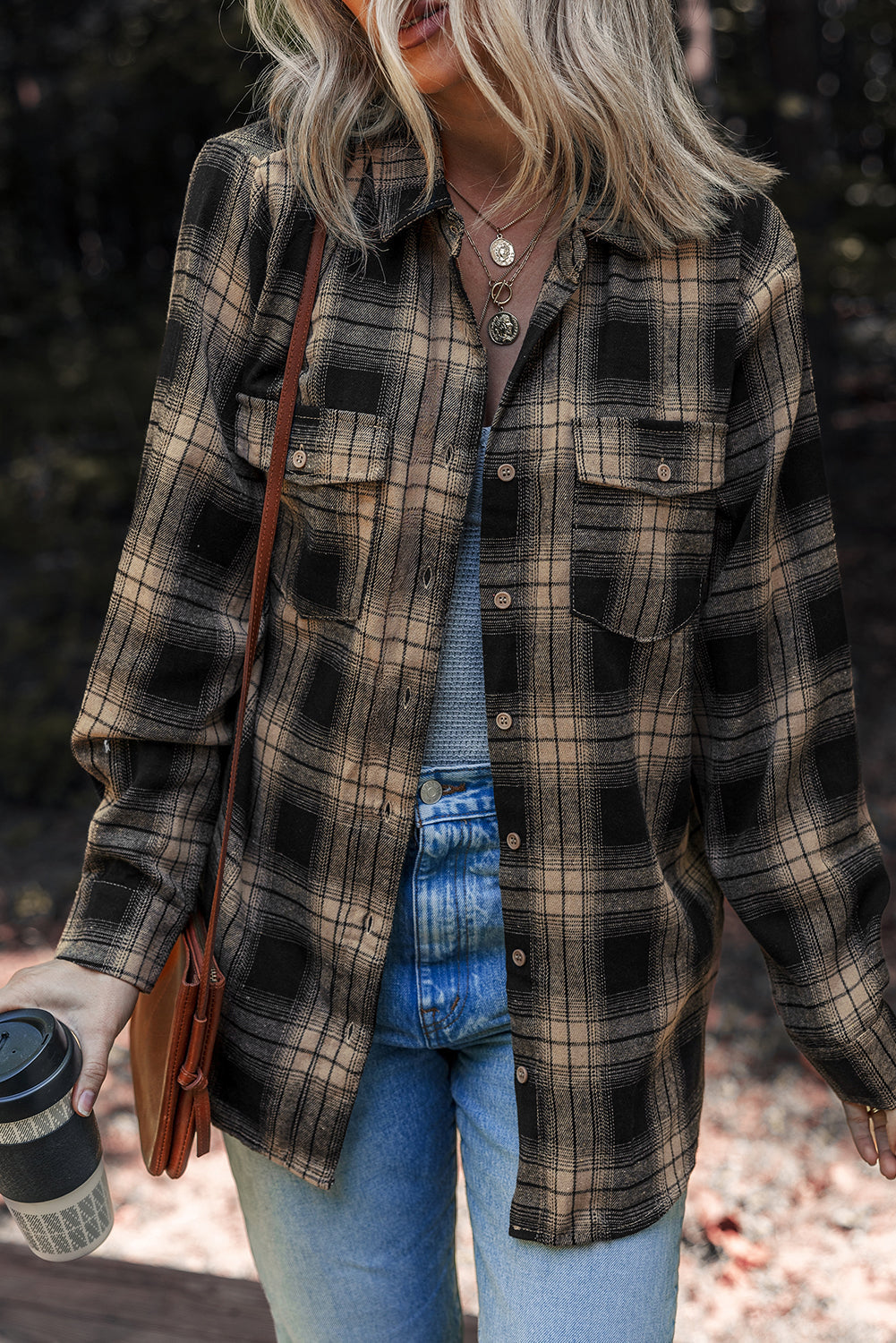 Multicolour Retro Plaid Double Flap Pocket Brushed Shacket Shewin