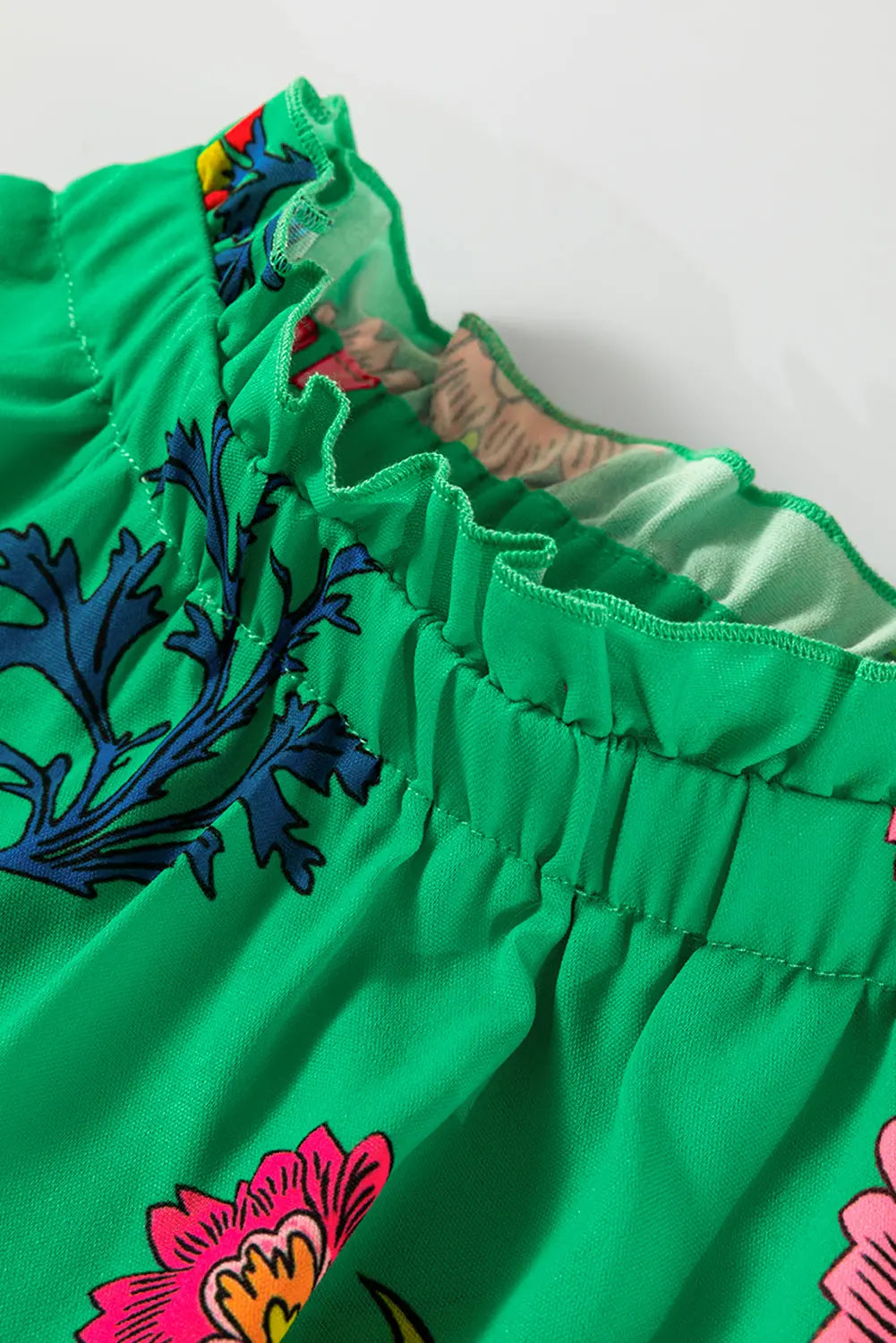 Green Floral Print Flutter Sleeve Frill Neck Blouse Shewin