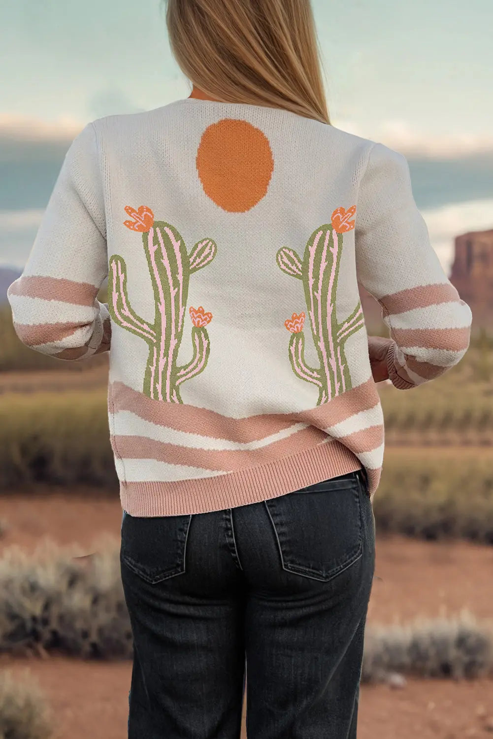 Apricot Cactus Pattern Button Front Knit Cardigan Shewin