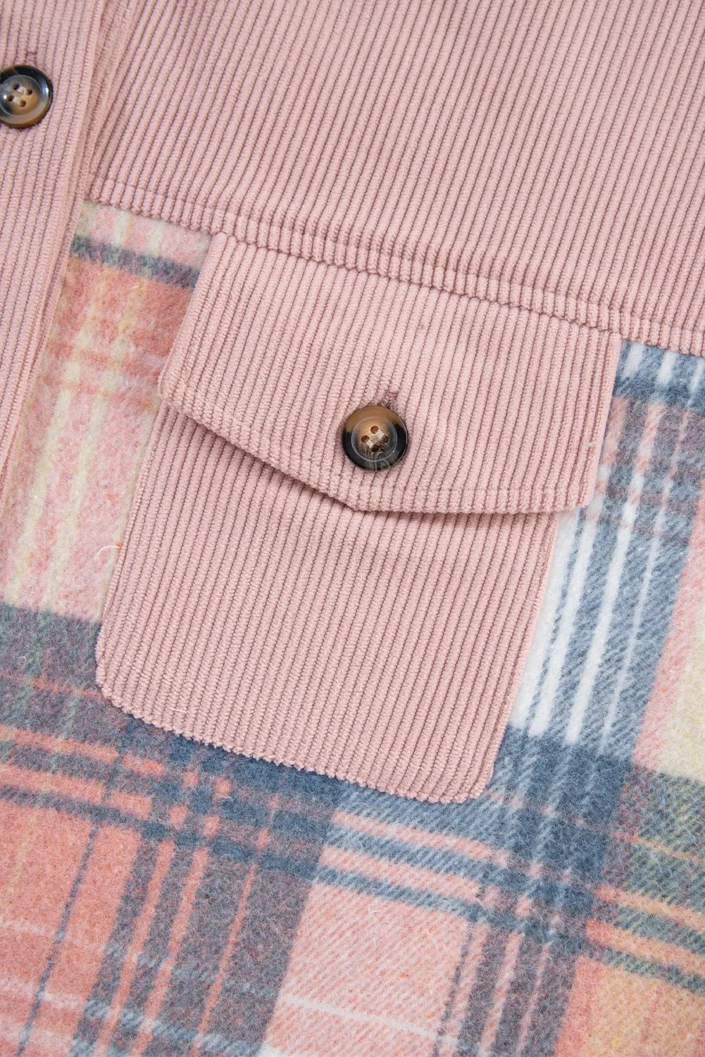 Cinnamon Plaid Corduroy Patchwork Pocket Loose Shacket Shewin