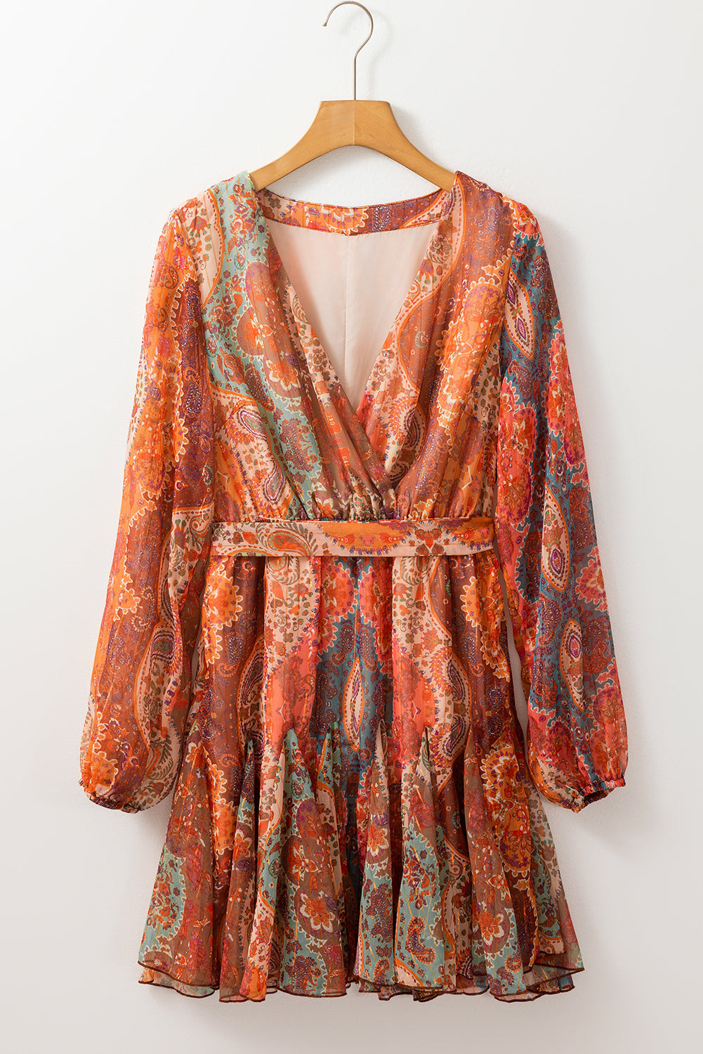 Orange Boho Paisley Print Long Sleeve Pleated Belted Mini Dress Shewin