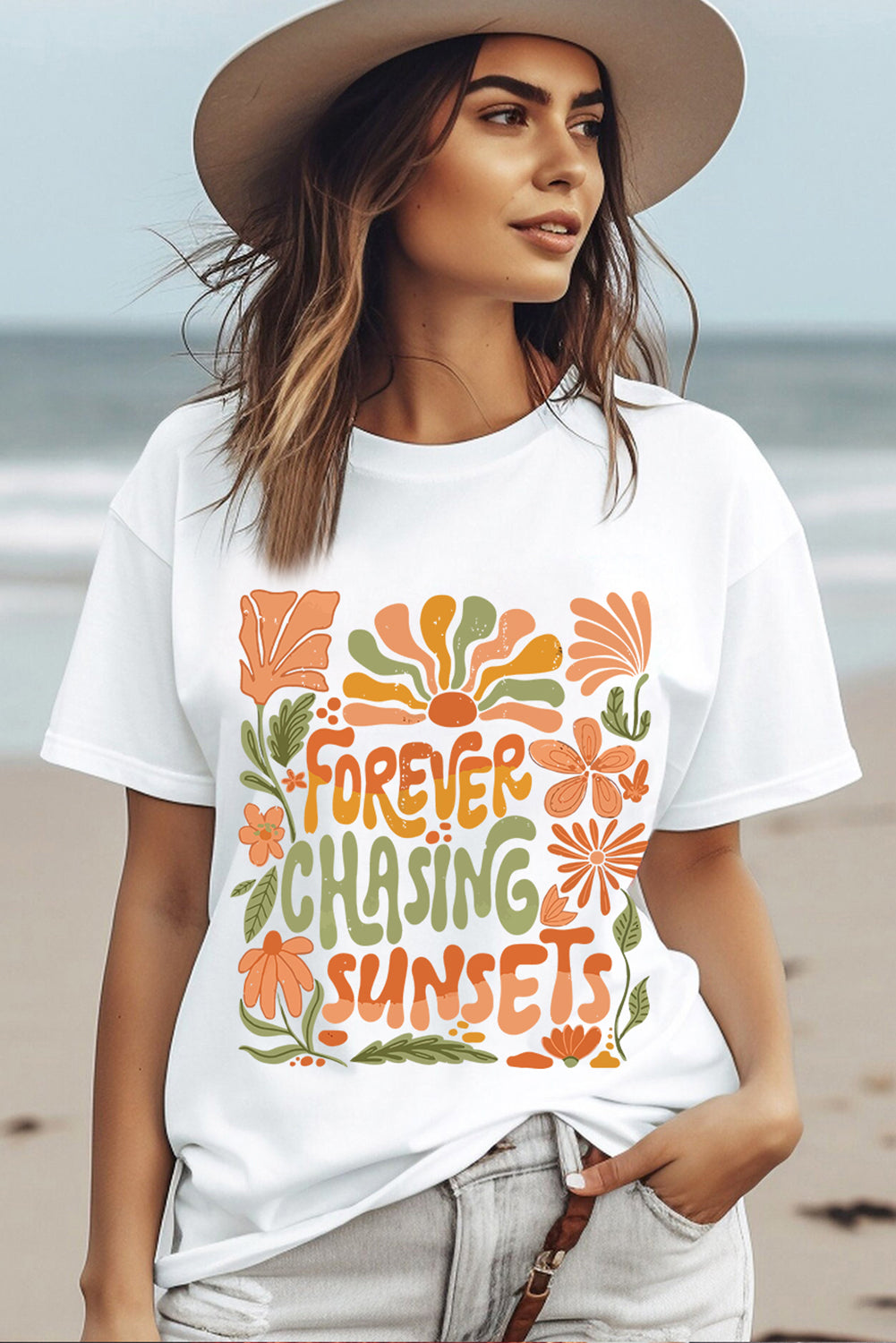 White FOREVER CHASING SUNSETS Floral Print T Shirt Shewin