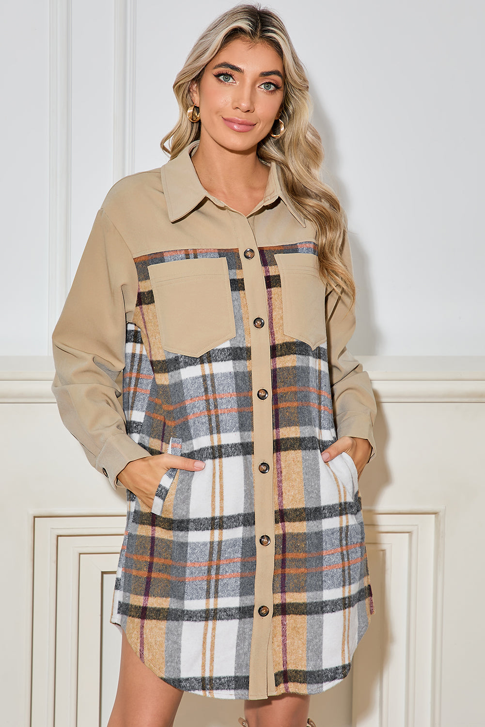 Khaki Plaid Patchwork Long Sleeve Jacket Shewin