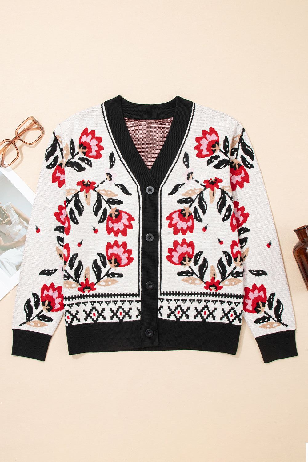Black Floral Print Button Front V Neck Contrast Trim Cardigan
