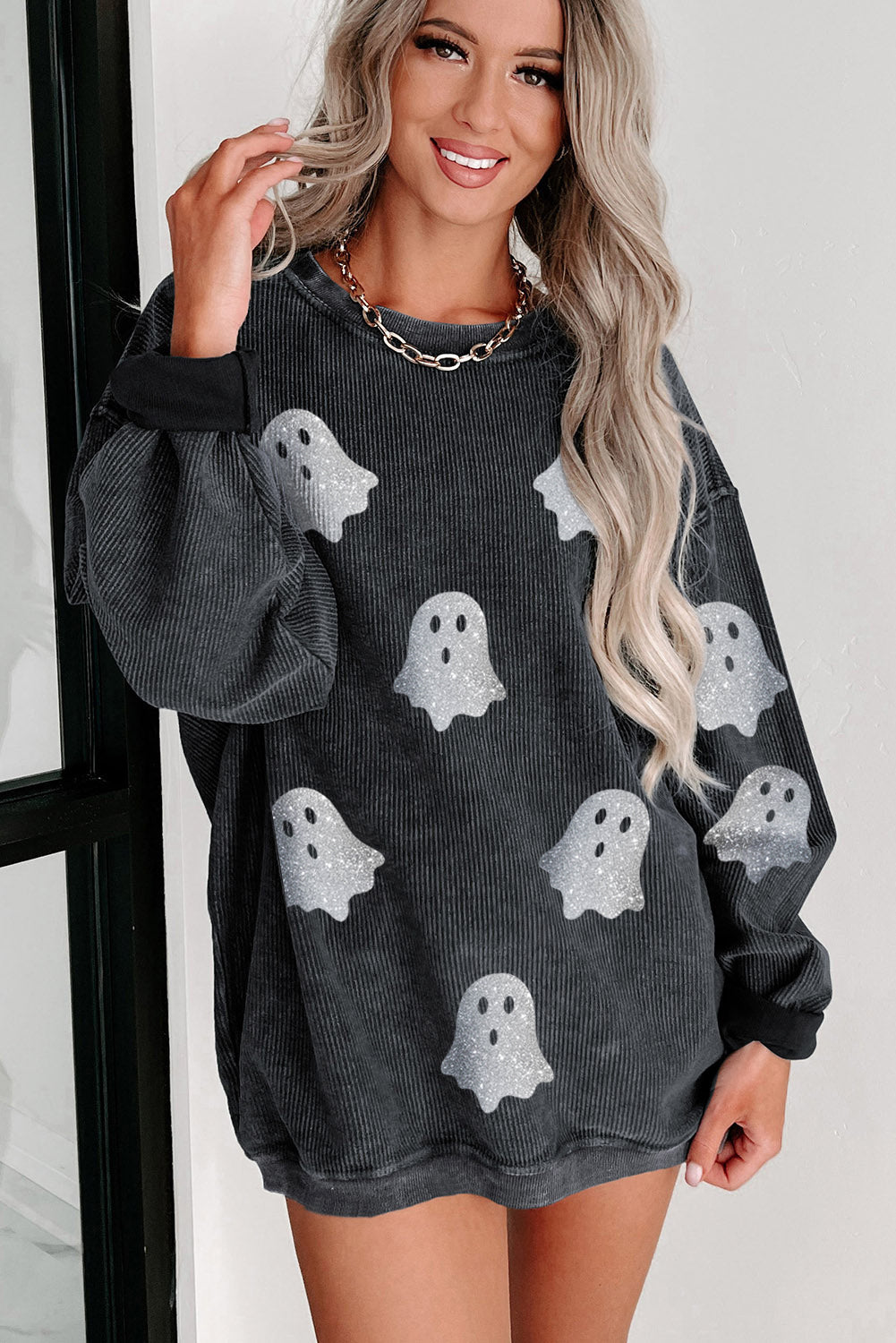 Black Halloween Ghost Corded Crew Neck Loose Sweatshirt Shewin