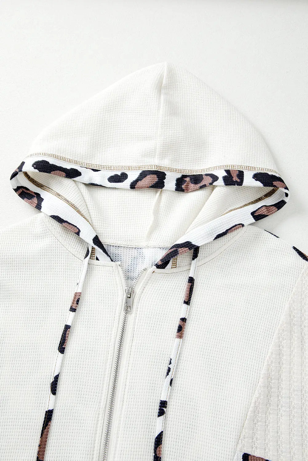 Apricot Leopard Mixed Texture Patchwork Zip Up Drop Shoulder Hoodie Shewin