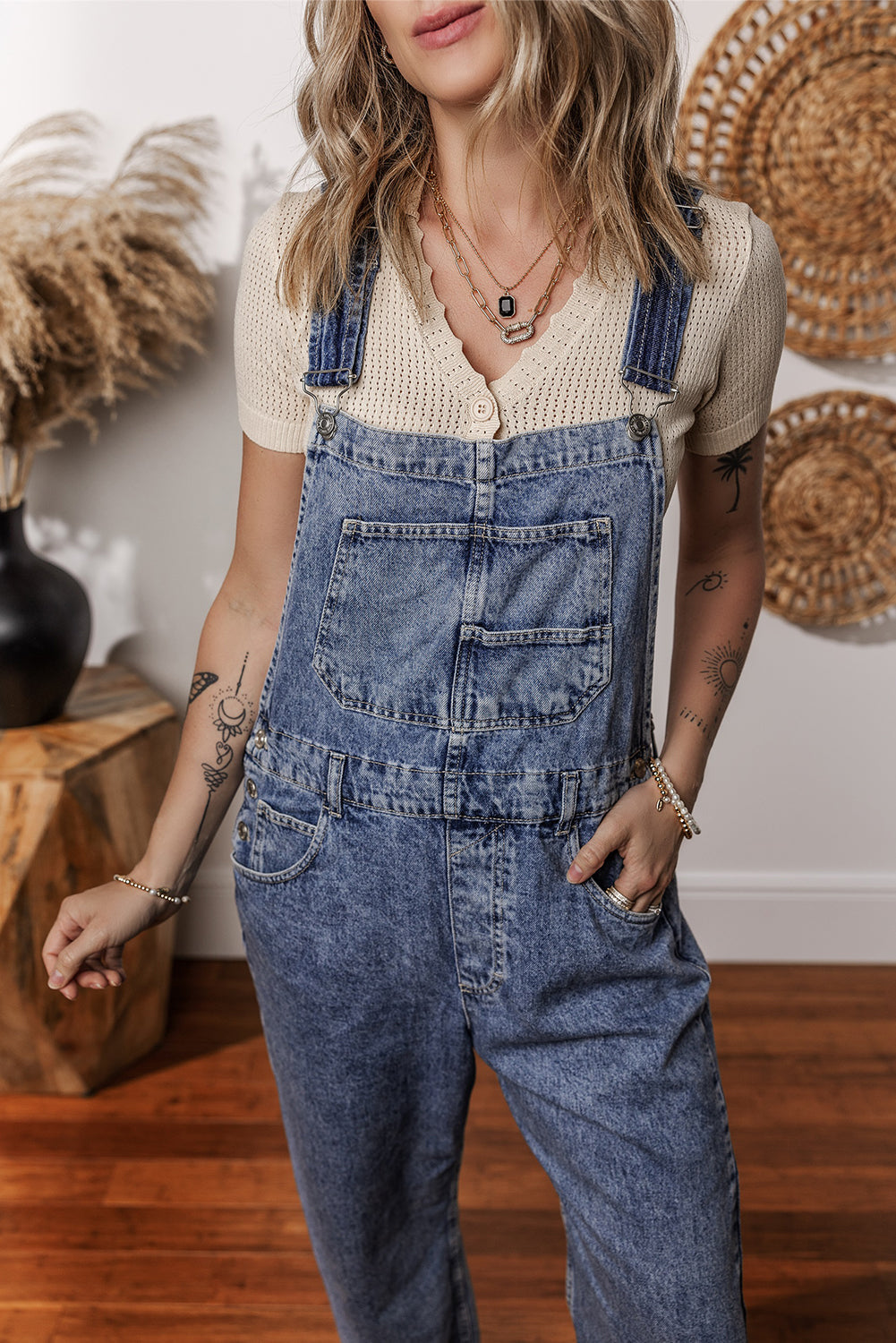 Sail Blue Straight Leg Pockets Denim Bib Overall Shewin