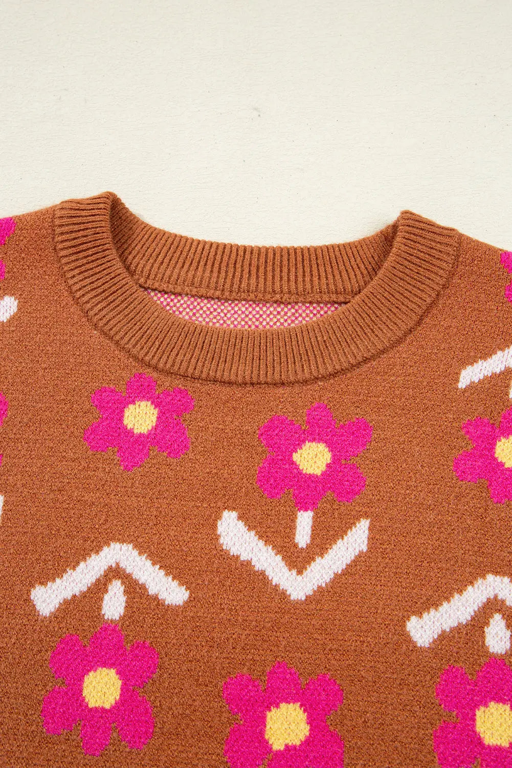 Brown Floral Pattern Short Puff Sleeve Sweater Shewin