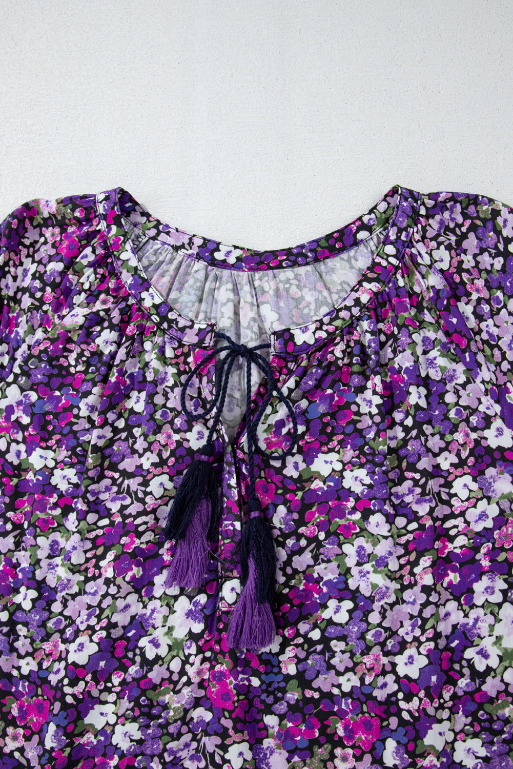 Purple Boho Floral Split V-Neck Bubble Sleeve Blouse Shewin