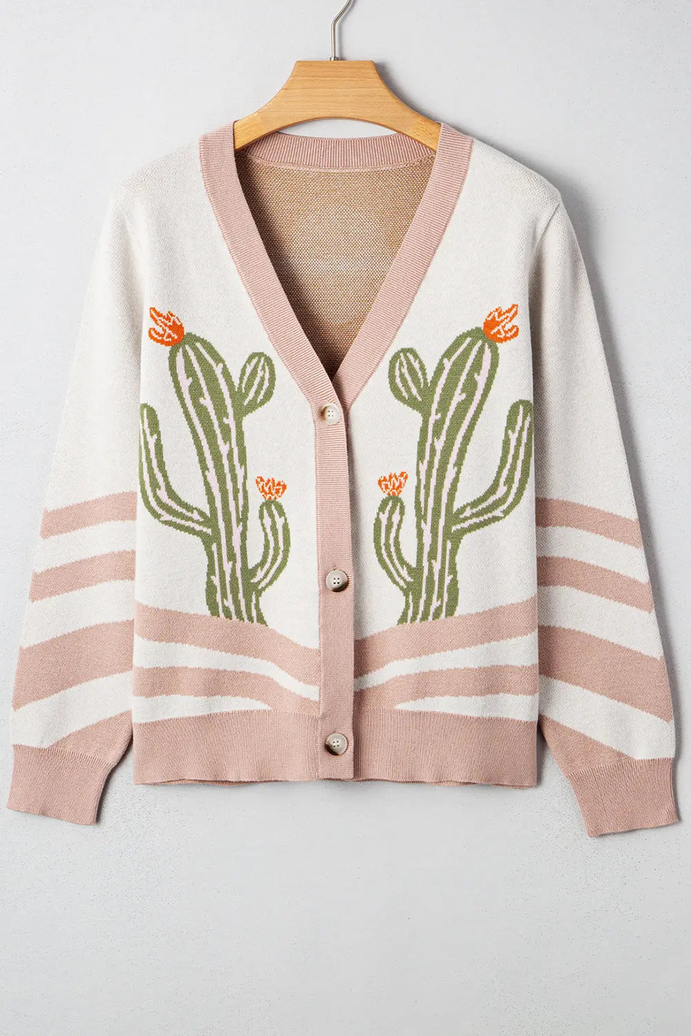 Apricot Cactus Pattern Button Front Knit Cardigan Shewin