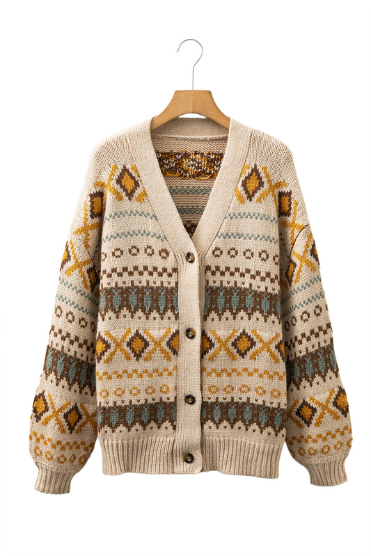 Khaki Geometric Pattern Button V Neck Cardigan Shewin