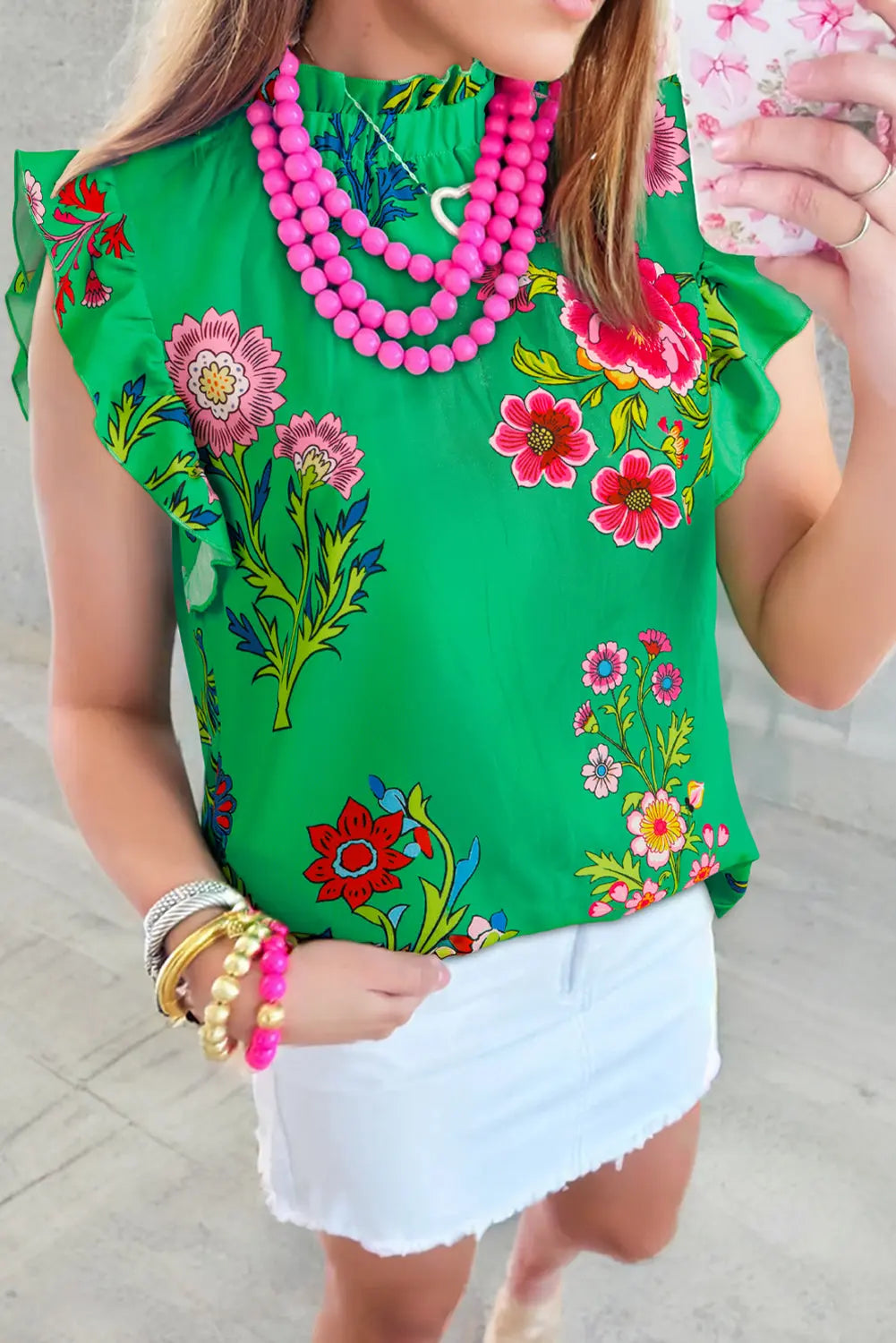 Green Floral Print Flutter Sleeve Frill Neck Blouse Shewin