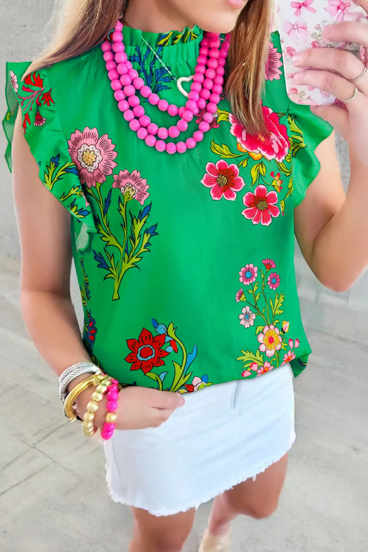 Green Floral Print Flutter Sleeve Frill Neck Blouse Shewin