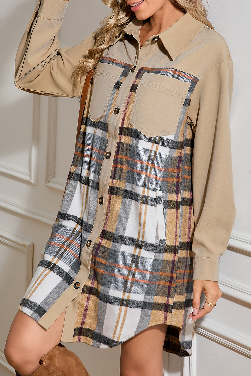 Khaki Plaid Patchwork Long Sleeve Jacket Shewin