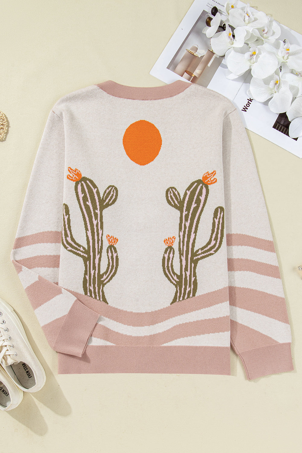 Apricot Cactus Print V Neck Plus Size Button Cardigan