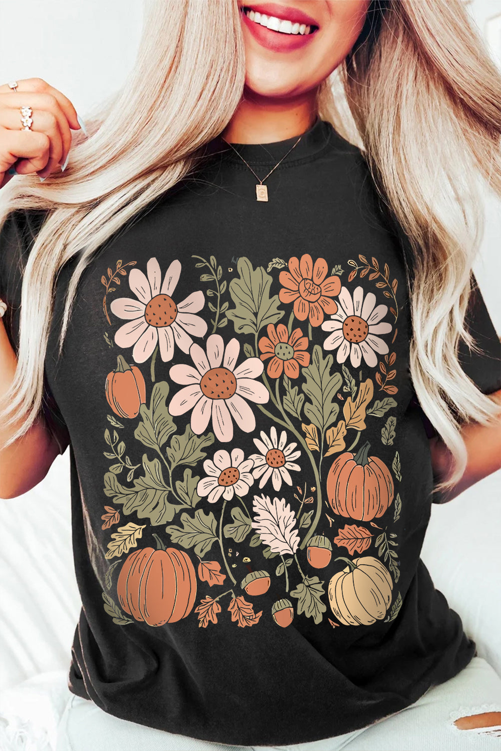 Black Wild Flower Pumpkin Print T Shirt Shewin