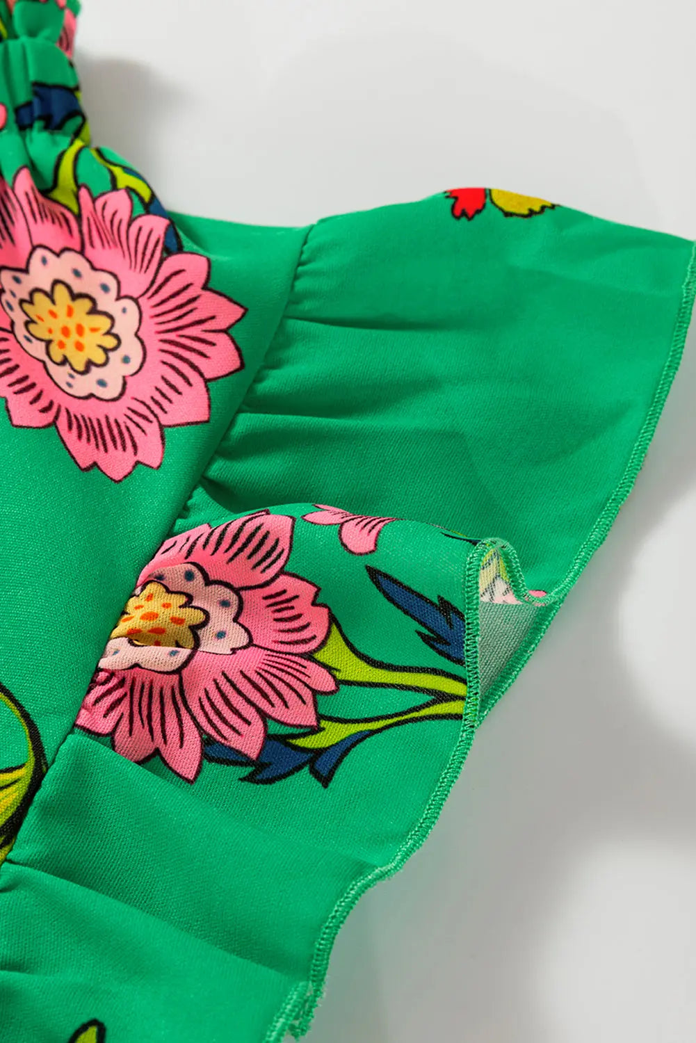 Green Floral Print Flutter Sleeve Frill Neck Blouse Shewin