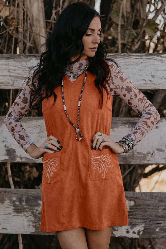 Gold Flame Corduroy Embroidered Patch Pocket Sleeveless Mini Dress Shewin