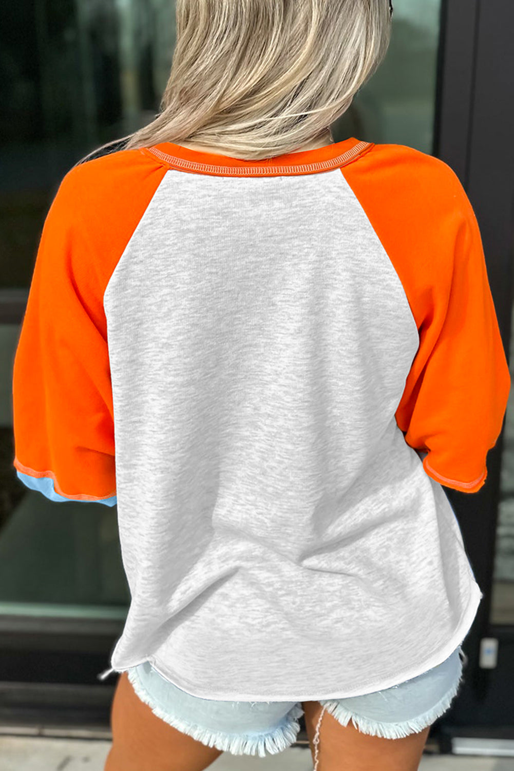 Light Grey HELLO PUMPKIN Patched Graphic Colorblock Raglan Sleeve Top Shewin