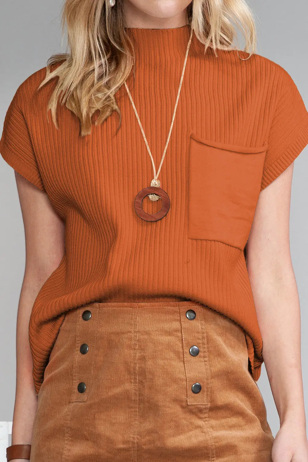 Gold Flame Patch Pocket Ribbed Knit Short Sleeve Sweater Shewin