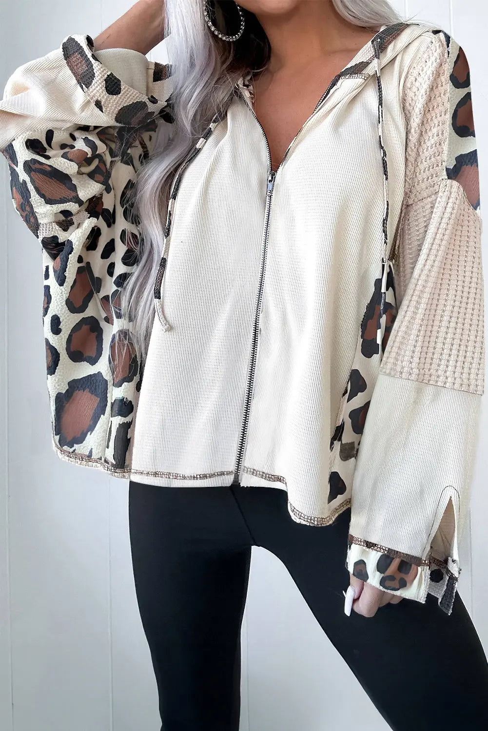 Apricot Leopard Mixed Texture Patchwork Zip Up Drop Shoulder Hoodie Shewin