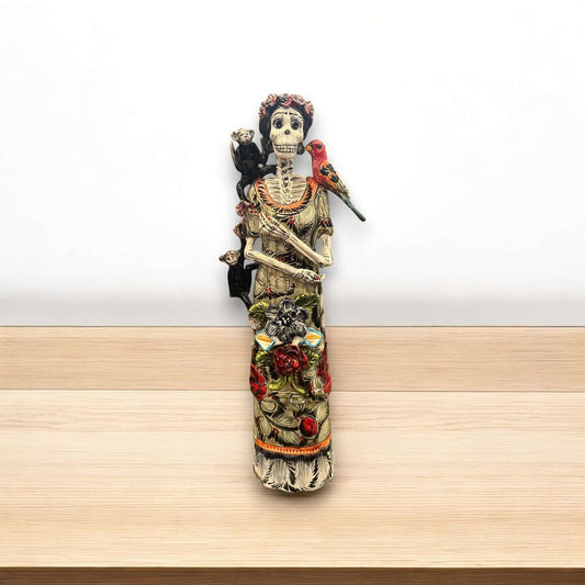 Talavera Catrina Figurine | Day of the Dead Skeleton with Monkey & Bird