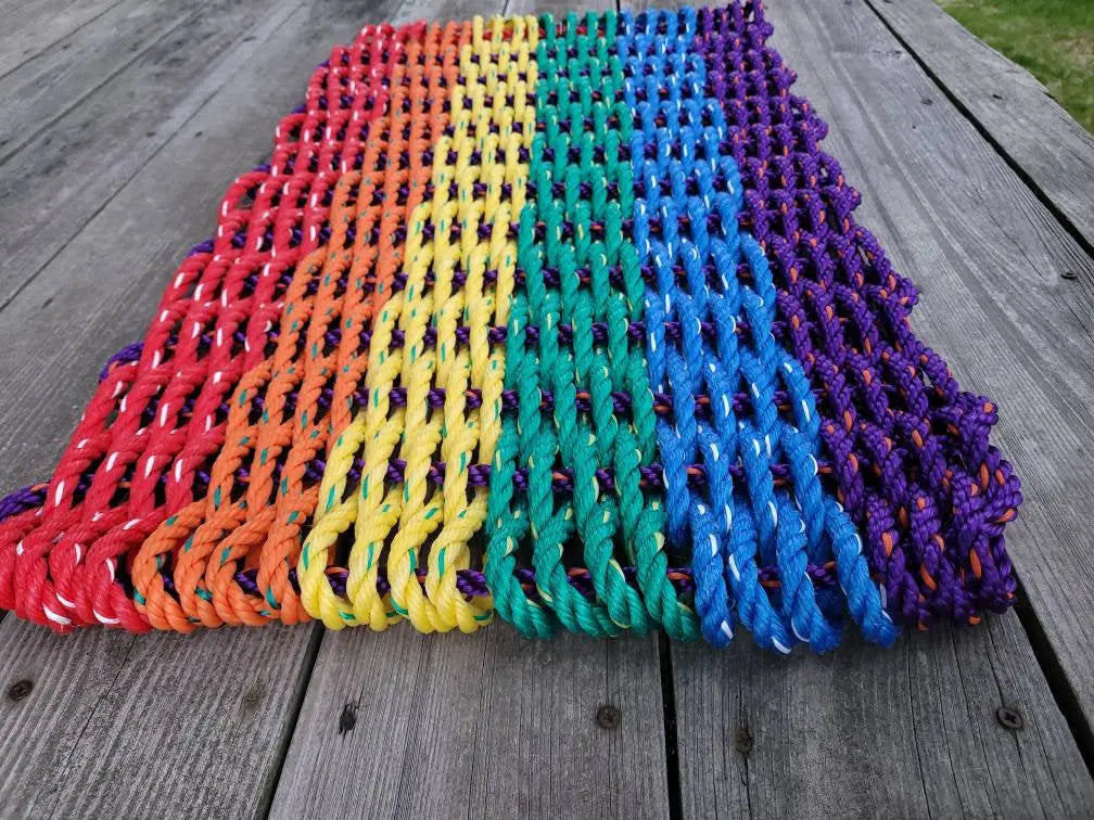 Rainbow Rope Mat made with Lobster Rope, Maine Made Little Salty Rope