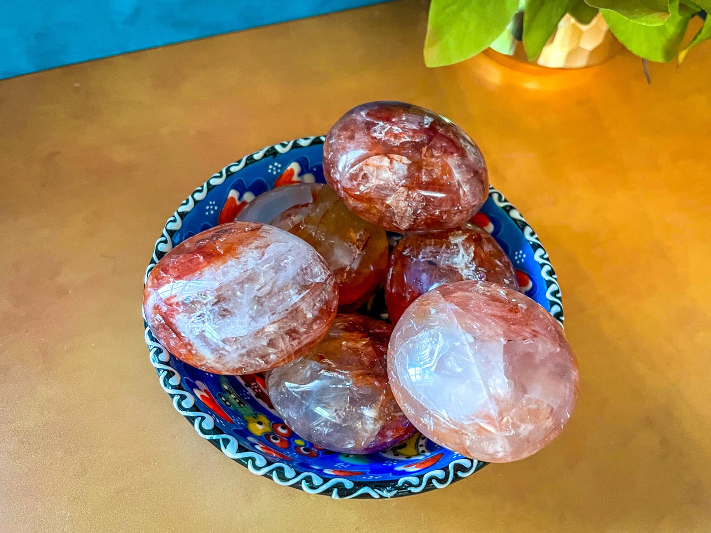 Red Hematoid quartz CRYSTAL palm stones with RAINBOWS