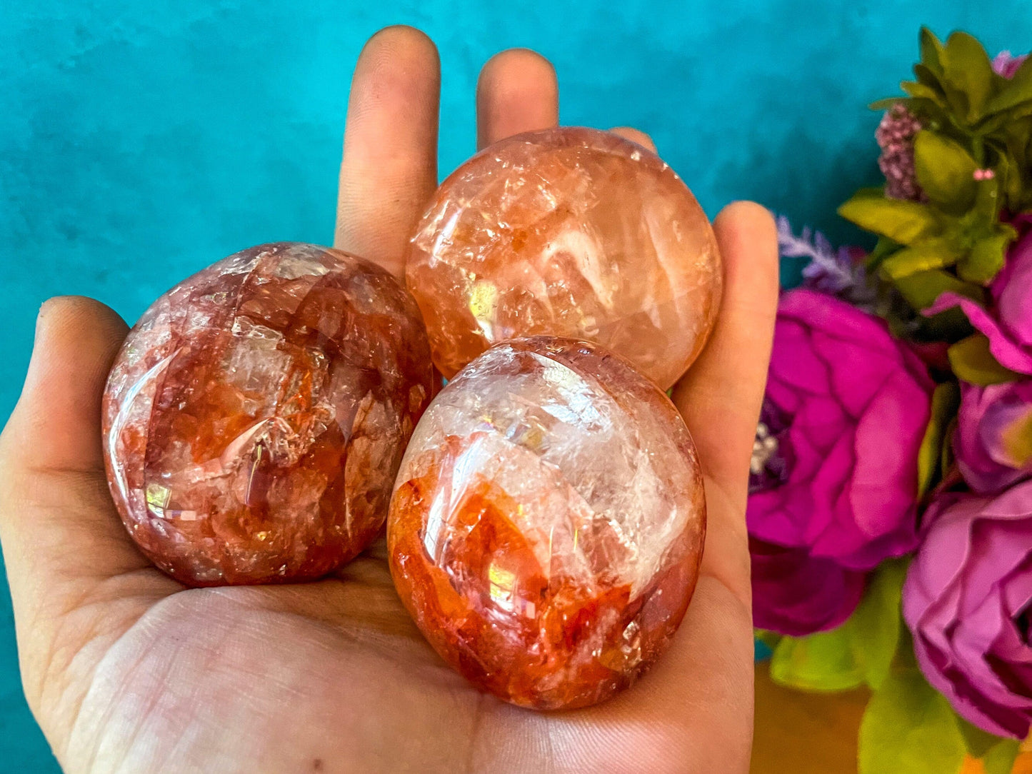 Red Hematoid quartz CRYSTAL palm stones with RAINBOWS
