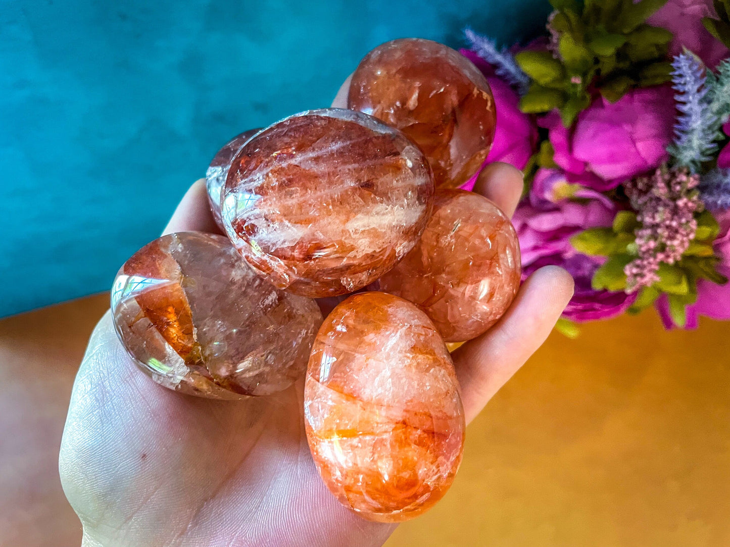 Red Hematoid quartz CRYSTAL palm stones with RAINBOWS
