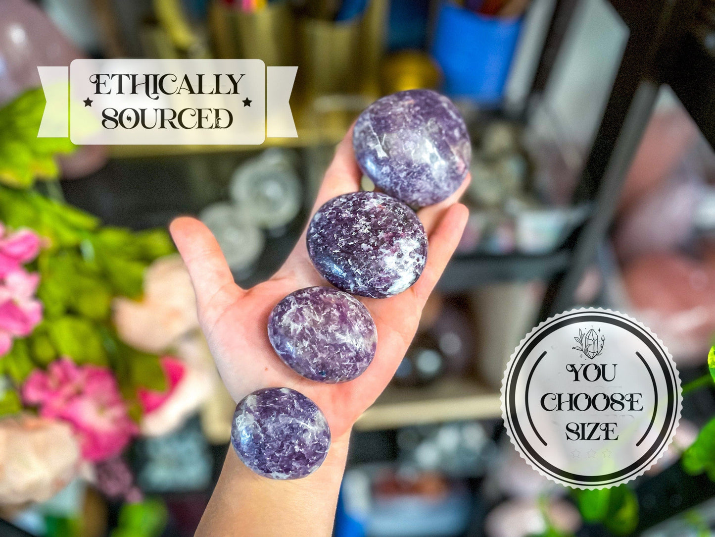 Lepidolite palm stone for TRANQUILITY