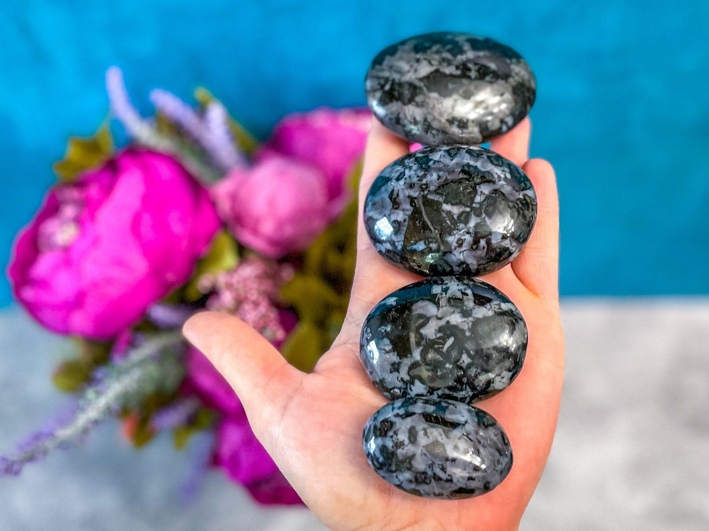 INDIGO GABBRO Palm Stones, MYSTIC MERLINITE
