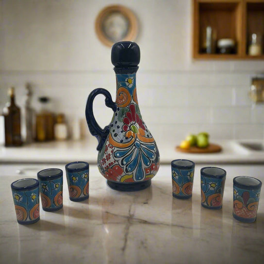 Talavera Decanter with 6 Shot Glasses | Hand Painted Mexican Set