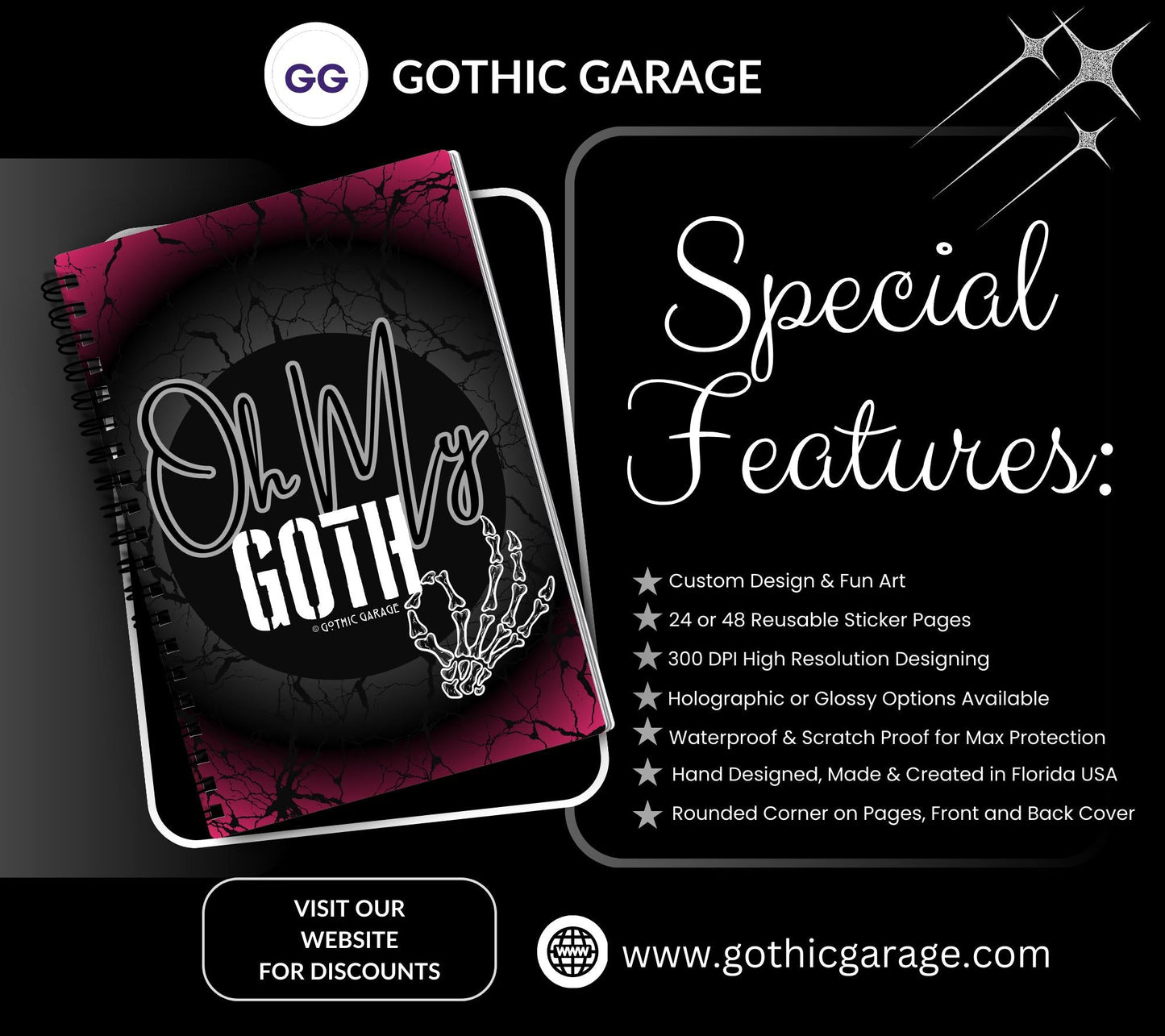 Oh My Goth Skeleton Hand Reusable Sticker Book, Perfect Gift to Personalize, Sticker Organizer Album