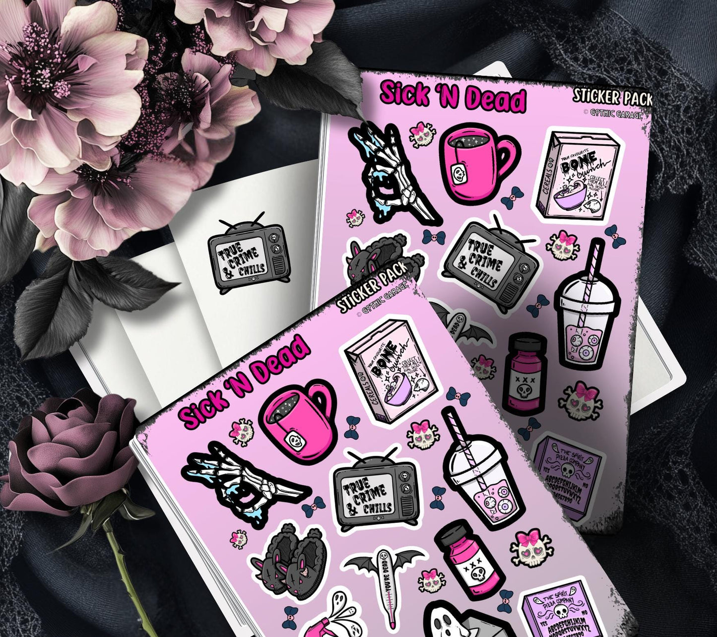 Sick โN Dead Gothic Pastel Sticker Sheets for Collecting and Scrapbooking - High-Quality, Vibrant Designs, Perfect Budget Friendly Gifts