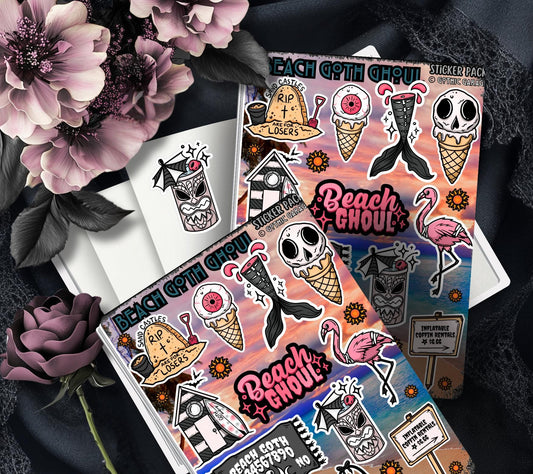 Beach Goth Ghoul Sticker Sheet – Where Spooky Meets Sunny - Perfect for Scrapbooking and Collecting