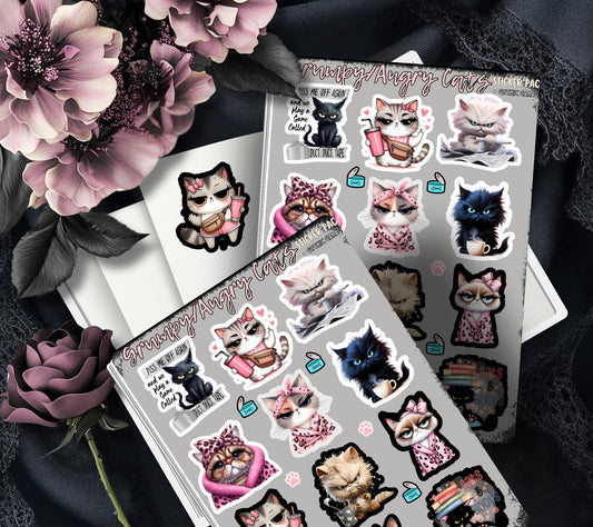 Angry/Grumpy Cartoon Cats Sticker Sheets for Collecting and Scrapbooking - High-Quality, Vibrant Designs, Perfect Budget Friendly Gifts