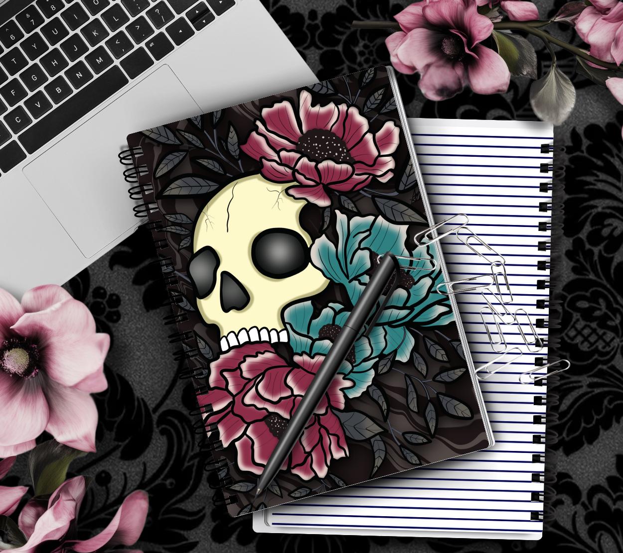 Gothic Skull & Floral Notebook Hand Drawn Detail – 160 Lined Pages for Daily Tasks, Notes, and Personal Writing