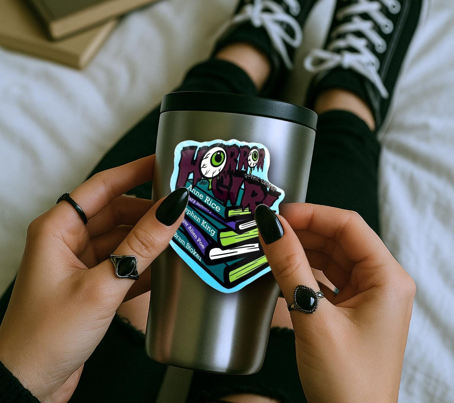 Horror Girl Book Lover Sticker: Gothic Waterproof Vinyl Decal