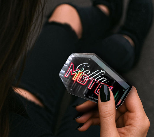 Neon Red Coffin Motel Sticker: Gothic Waterproof Die Cut